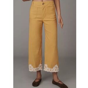 Maeve‎ Anthropologie The Colette Embroidered Wide Leg Pants Mustard Yellow 23 T